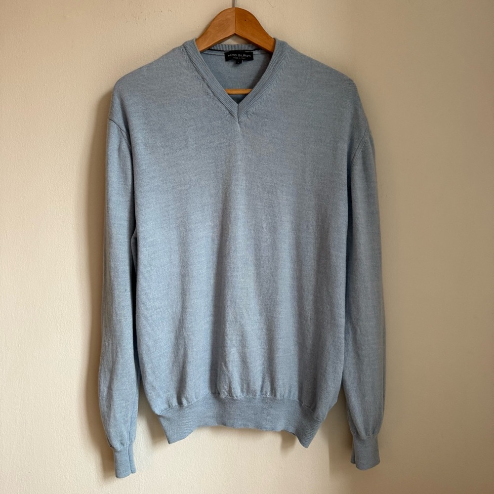 Mario Gilberti Made in Italy 100% Extrafine Wool Size L Blue V-Neck Sweater